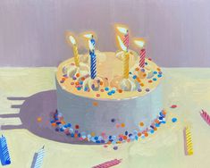 a painting of a birthday cake with candles and confetti on the table next to it