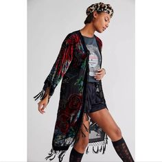 Exquisite Sold Out Fast C04142338c. Free People Kimono, Bohemian Kimono, Velvet Kimono, Fringe Kimono, Burnout Velvet, White Denim Jacket, Free People Jacket, Print Kimonos, Denim Button Down