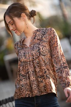 "Boho Chic Ethnic Puffed Sleeves Loose Top for Women, Urban Casual Long Sleeves Paisley Print Blouse This beautiful boho-chic blouse is a hit! It is loose and has a nice soft feeling, with a trendy comfy cut, so chic. A great casual look, just effortless beauty. Match it with jeans and any shoes / flip flops/boots - and you got a perfect style! Color: Paisley print Also available in other colors! Sizing: XS, S, M, L Size XS Petite: Bust- 32.5\" / 83 cm Length - 22.5\" \"/ 57 cm Size S: Bust- 36\ Fall Bohemian Paisley Print Blouse, Bohemian Spring Blouse With Abstract Print, Spring Bohemian Blouse With Abstract Print, Bohemian Long Sleeve Blouse With Abstract Print, Patterned Peasant Blouse, Bohemian Brown Floral Print Blouse, Bohemian Long Sleeve Ikat Print Blouse, Long Sleeve Bohemian Ikat Print Blouse, Bohemian Schick