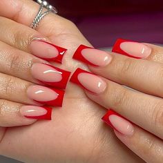 15 Striking Red Christmas Nail Ideas for 2023 - thepinkgoose.com Nail Ideas For 2023, Red French Tip Nails, Red Tip Nails, Almond Nails Red, Short Red Nails, Red French Tip, Christmas Nail Ideas, French Manicures, Tapered Square Nails