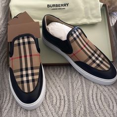 New With Box. Never Used $399 Obo Luxury Slip-on Sneakers With Round Toe, Designer Brown Slip-on Sneakers, Burberry Boots, Burberry Sneakers, Burberry Rain Boots, Grey Loafers, Black Rain Boots, Burberry Classic, Purple Heels