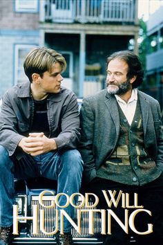 two men sitting on top of a bench in front of a building with the words good will hunting