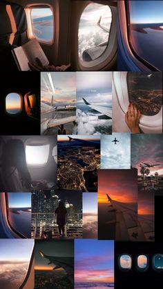 an airplane window with many images of the sky and clouds