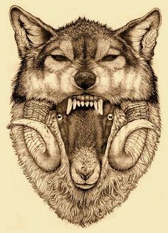 a drawing of a wolf with its mouth open and two horns in front of it