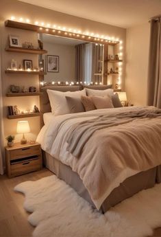 a large bed sitting in a bedroom next to a night stand with lights on it