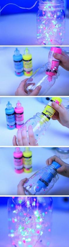 the process of making a bottle with colored confetti in it