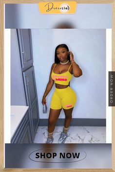 Spaghetti Strap Tank Tops Biker Shorts Two Piece Set Casual Yellow Fitted Biker Shorts, Casual Fitted Yellow Biker Shorts, Yellow Biker Shorts For Summer Workout, Spaghetti Strap Tank Top, Two Piece Set, Two Piece Sets, Biker Shorts, 1 Million, Two Pieces