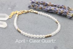 "Dazzling, faceted Clear Quartz beads are strung with gold-filled accents for a minimalist yet sophisticated piece of gemstone jewelry. This bracelet is delicate yet made for everyday wear. Clear Quartz is a great substitute for April's birthstone. Gemstones ranges from 3mm to 4mm depending on supplier availability. .: G E M S T O N E :. Clear Quartz .:. The Greeks called Quartz krystallos meaning \"ice.\" Clear Quartz is said to absorb, store, release and regulate energy.  .:. D E T A I L S .:. Minimalist Crystal Bracelet With Faceted Beads For Everyday, Minimalist Everyday Crystal Bracelet With Faceted Beads, Minimalist Round Bead Crystal Bracelet For Everyday, Minimalist Crystal Bracelet With Round Beads For Everyday, Minimalist Everyday Crystal Bracelet With Round Beads, Minimalist Faceted Beads Jewelry For Everyday, Minimalist Everyday Jewelry With Faceted Beads, Elegant Everyday Crystal Bracelet With Birthstone, Minimalist Hypoallergenic Crystal Bracelet For Everyday