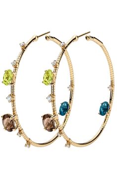 MATTIA CIELO-4cm Rugiada Peridot Topaz Earrings-YELLOW GOLD Hoop Earrings Gold, Topaz Earrings, London Blue, Gold Hoop, Gold Hoop Earrings, Earrings Gold, Round Brilliant, Natural Diamonds, Gold Earrings