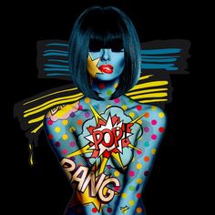 a woman with her body painted in comic style paint and the words pop pavg written on it