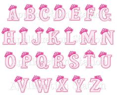 the alphabet is made up of pink letters with crowns on top and bottom, all outlined in