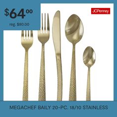 The MegaChef Baily 20-piece Flatware Set is made of food grade stainless steel, the quality material in high standard resists corrosion and rust, ensures long-lasting use. The Baily Silverware Set is smoothly finished with no sharp edges, safe and comfortable for both adults and children. Each piece of Utensil Set in this versatile collection is perfectly weighted and balanced to feel comfortable in your patrons hands and with its proper sizes this set can perfectly fit your other dinnerware or… Gold Silverware, Flatware Sets, Stainless Steel Flatware, Utensil Set, Flatware Set, Flatware, Color Light, Food Grade, Dishwasher Safe