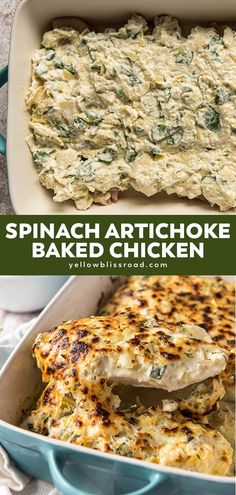 spinach artichoke baked chicken in a casserole dish with text overlay