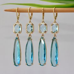 Beautiful long Earrings with Faceted Ocean Blue glass Slim Drops 32 x 8 mm  Rectangle Ocean Blue faceted Glass links 11 x9 mm,  Gold plated Leverback Ear clasp. The total length is 60 mm or 2.5 inches long. Your order will be wrapped and shipped in jewelry gift box. Please enter my shop here - www.etsy.com/shop/ZarinaJewelry or FB page  www.facebook.com/ZarinaJewelry Birthday Gift For Daughter, Bridal Jewelery, March Birthday, Gift For Daughter, Easter Dress, Faceted Glass, Mom Birthday, Blue Earrings, Mom Birthday Gift