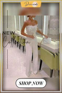 Fashion Office Lady High Waist Trousers Rompers Women Banquet Solid Overalls Sexy Feathers Strapless Stitching Elegant Jumpsuits White High Waist Strapless Jumpsuit For Party, Elegant White Bottoms For Club, Elegant White Club Bottoms, Elegant White Club Pants, High Waist Trousers, Fashion Office, Jumpsuit Elegant, Jumpsuits And Romper, Jumpsuit Fashion