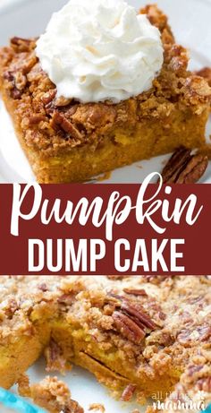 pumpkin dump cake with whipped cream on top is cut into pieces and sits on a white plate