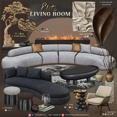 the living room is full of furniture and decor items, including a large round couch