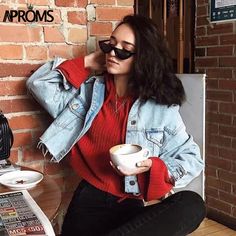 FREE SHIPPING Vintage Women Autumn Winter Pockets Cropped Jeans Jacket JKP3697 Red Winter Denim Jacket, Crop Jean Jacket, Jeans Jacket, Vintage Women, Cropped Jeans, Jean Jacket, Sleeve Styles, Autumn Winter, Vintage Ladies