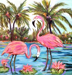 two flamingos are standing in the water with lily pads and palm trees behind them