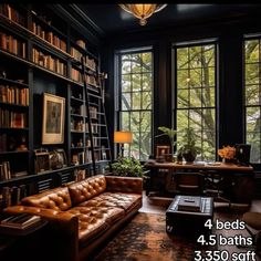 a living room filled with lots of books and furniture next to a window covered in windows