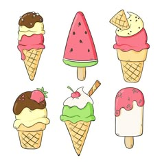 six ice cream cones with different toppings on them, all in different shapes and sizes