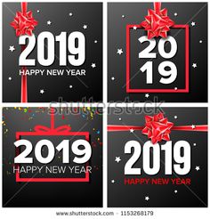 happy new year greeting card with red ribbon and bow on black background for 2019 - stock photo