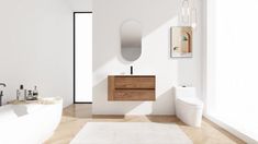 a white bathroom with a wooden vanity, toilet and bathtub in the middle of it