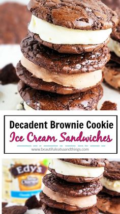 an ice cream sandwich is stacked on top of each other with the words decadent brownie cookie ice cream sandwiches