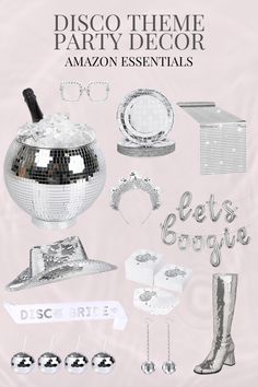 Disco Ball Themed Party Bachelorette Birthday Amazon Essentials Disco Outfit Disco Ball Nye Decor, Last Disco Birthday Party, Cowboy Disco Party Decorations, Silver Disco Birthday Party, White And Silver Disco Party, Mid 20s Birthday Party Ideas, Disco Ball Party Outfit, Disco Theme Birthday Party Outfit