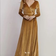 Brand New Never Worn Bb Dress, Gold, Velvet, Wrap, Perfect For Bridesmaid, No Alterations Made, Size L Gold Fitted Long Sleeve Maxi Dress, Gold Long Sleeve Maxi Dress For Fall, Fitted Gold Maxi Dress For Fall, Fitted Long Sleeve Wrap Dress For Wedding, Fitted Gold A-line Maxi Dress, Baltic Born Dress, Gray Formal Dress, Dresses Gold, Xxxl Dress