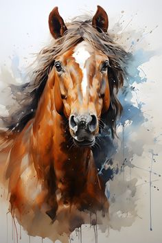 a painting of a brown horse with long hair