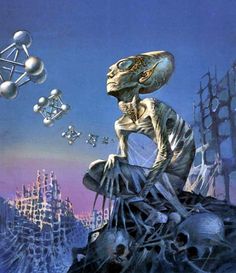 an alien sitting on top of a pile of skulls in front of a blue sky