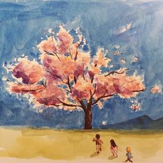 two children are walking in front of a tree with pink flowers and blue sky behind them