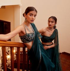 Sanya Gulati | Teal Green Pre-Stitched Saree Set | INDIASPOPUP.COM Bustier Blouse, Ruffled Saree, Lehenga With Blouse, Embroidered Bustier, Indian Bridesmaids, Saree Blouse Styles, Frill Blouse, Desi Wear, Ruffle Saree