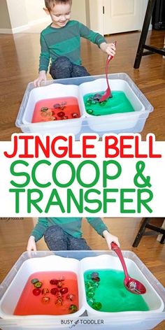 a young boy is playing with some colorful liquid in a tray and the words, jungle bell scoop & transfer