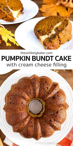 pumpkin bundt cake with cream cheese filling is on a white plate next to the bundt cake