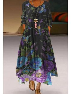 Purple 3/4 Sleeve Spring Dress, Everyday Dresses Casual, Daily 3, Maxi Long Dress, Womens Long Dresses, Blue Spring, Floral Fashion, Maxi Dresses Casual, Types Of Dresses