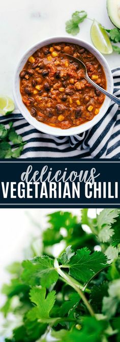 vegetarian chili in a white bowl with cilantro and avocado on the side