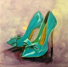 a painting of a blue high heeled shoe with a large bow on the side