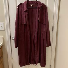 Never Worn. Size: Large Maroon In Color Long Outerwear For Fall Day Out, Nordstrom Fall Outerwear For Work, Nordstrom Long Sleeve Spring Outerwear, Nordstrom Outerwear For Fall Workwear, Nordstrom Spring Long Sleeve Outerwear, Nordstrom Casual Long Sleeve Outerwear, Casual Nordstrom Outerwear For Spring, Long Coat Outerwear With Pockets For Day Out, Long Coat With Pockets For Day Out