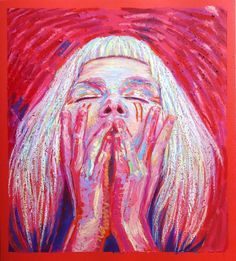 a painting of a woman's face with her hands in front of her mouth