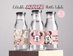 three glass bottles with minnie mouse labels on them sitting on top of a wooden block