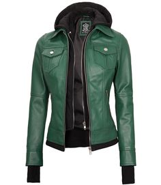 Women’s Green Leather Bomber Jacket
Revitalize your wardrobe with our Women's Green Fitted Bomber Leather Jacket. Tailored for a sleek fit, it exudes style and comfort. The removable hood adds versatility, allowing you to effortlessly transition from day to night. Elevate your fashion game with this chic and dynamic statement piece. Fitted Leather Hooded Jacket With Long Sleeves, Fitted Hooded Biker Jacket With Pockets, Fitted Biker Jacket With Double-lined Hood For Fall, Fitted Hooded Jacket With Zipper For Fall, Fitted Leather Jacket With Detachable Hood For Fall, Fitted Winter Biker Jacket For Outdoor, Fitted Leather Jacket For Winter Outdoor, Fitted Green Outerwear For Fall, Winter Biker Jacket With Double-lined Hood