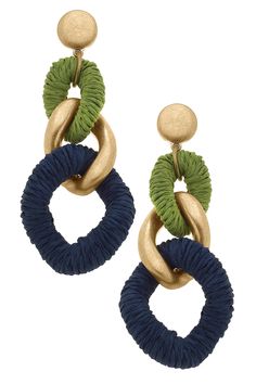 Add a pop of color and fun to your outfit with our Mykonos Raffia Statement Earrings in Green & Navy. These bold and playful earrings are crafted from high-quality raffia, making them lightweight and comfortable to wear all day. Stand out from the crowd and add a unique touch to your look with these charming statement earrings. Base Metal with Worn Gold Plating Wicker/Raffia 3.5" Length x 1.18" Width Raffia Earrings Diy, Unique Statement Earrings, Unique Fashion Accessories, Colorful Statement Earrings, Chic Woven Beach Earrings, Chic Woven Earrings For Beach, Chic Woven Earrings For Vacation, Chic Woven Jewelry For Vacation, Beach Woven Green Jewelry