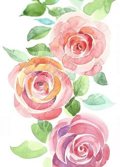 watercolor painting of three roses with green leaves on the stems and pink flowers in the middle