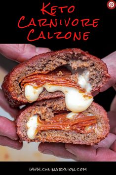 two hands holding a meatloaf sandwich with cheese and sauce on it in front of the caption reads keto carnivore calzone