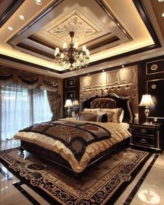 a large bed sitting in the middle of a bedroom next to a chandelier