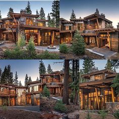 two pictures of a house in the woods