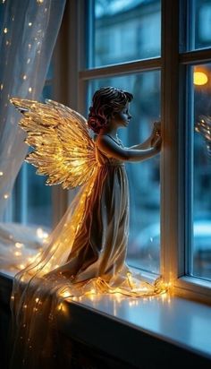 an angel figurine sitting on a window sill with fairy lights around it