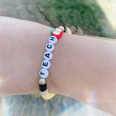 Teacher bracelet perfect for Christmas gift or teacher appreciation. 🍎✏️ Pencil Bracelet, Teacher Bracelet, Football Earrings, Glass Beaded Bracelets, Teacher Appreciation, Bracelet Set, Selling On Etsy, Sell On Etsy, Glass Beads